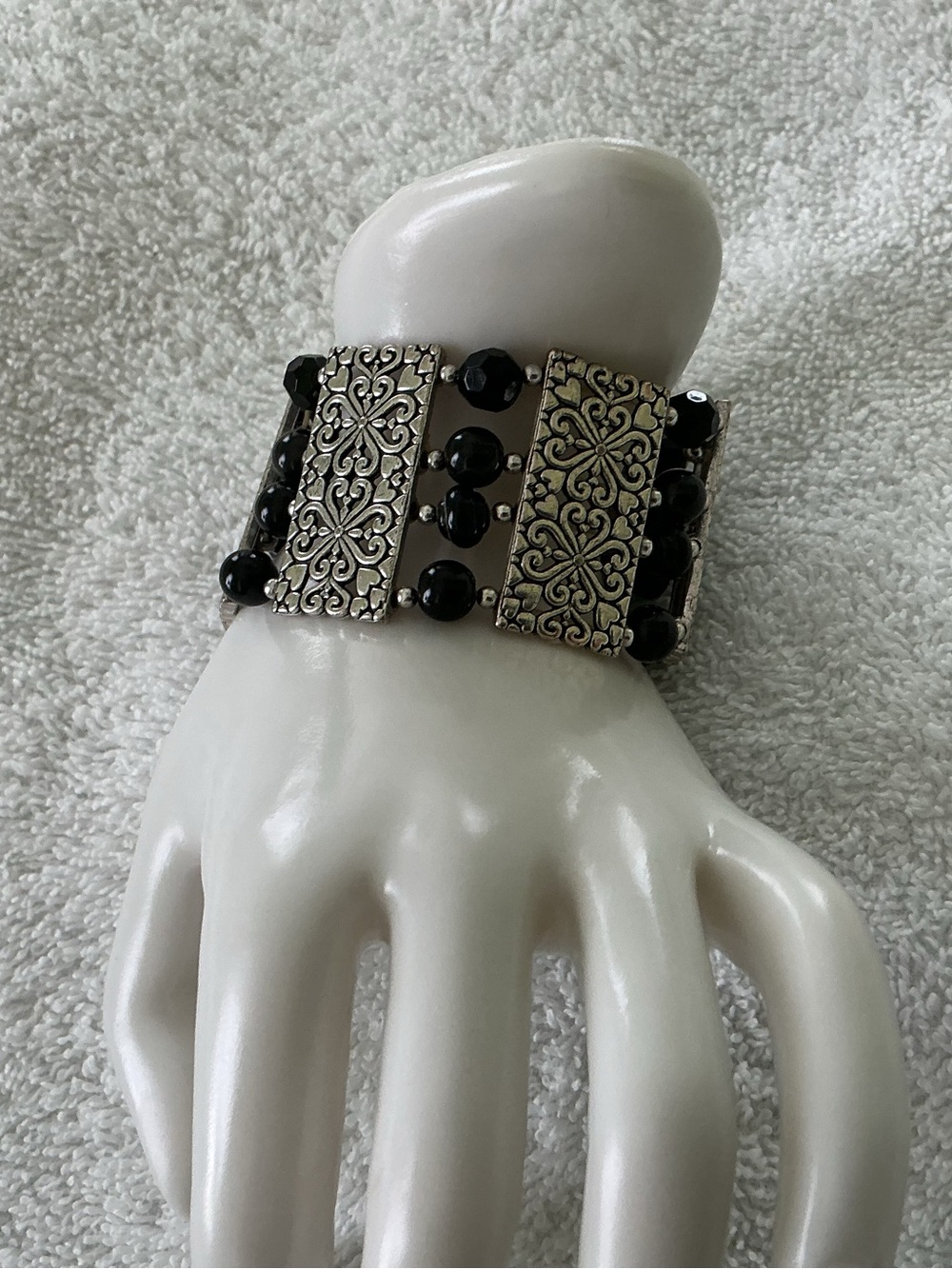 Silver Filigree Panel Bracelet with Black Beads - Picture 2 of 4